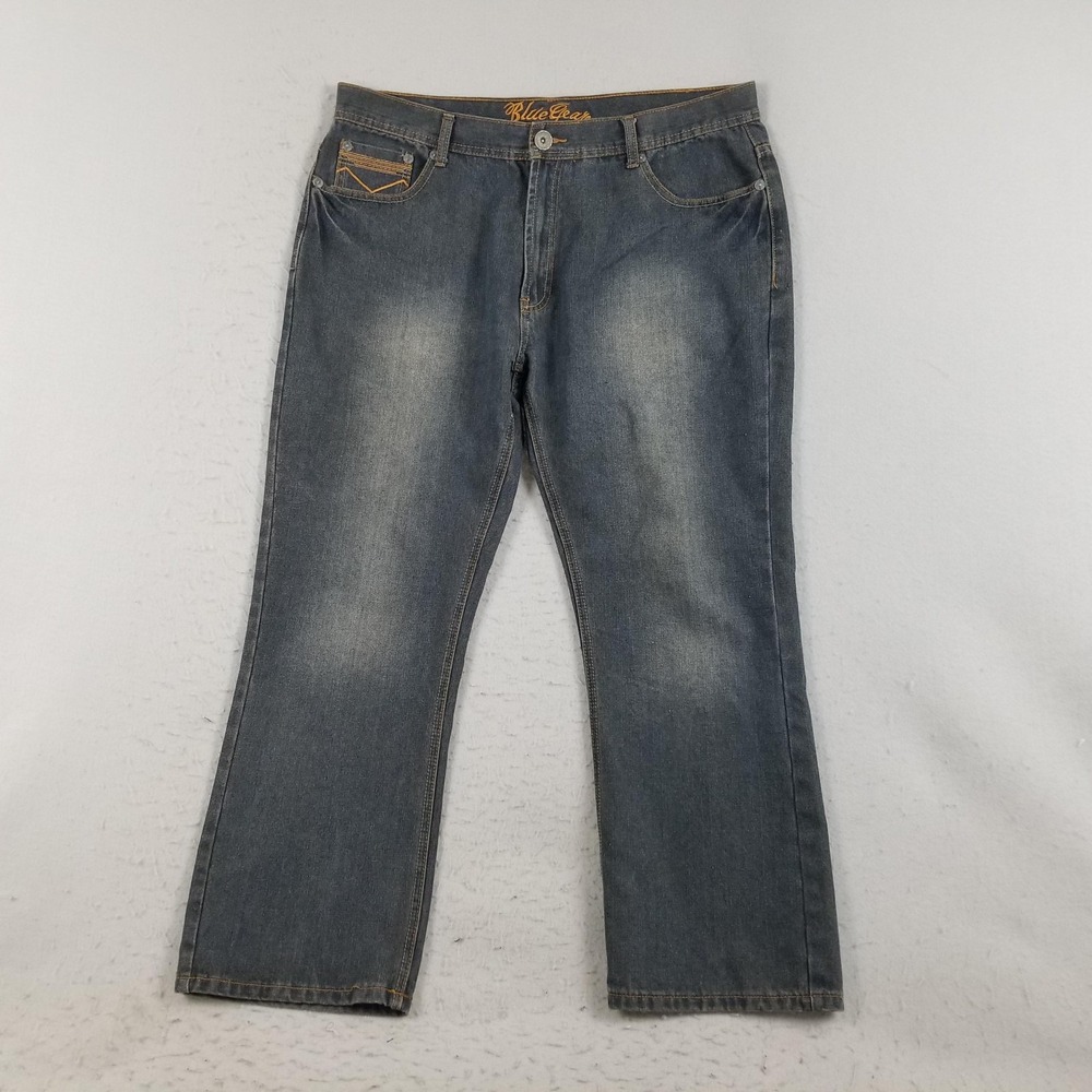 Blue Gear Jeans Mens 40x30 Blue Straight Leg Contrast Stitch Embroidered Denim